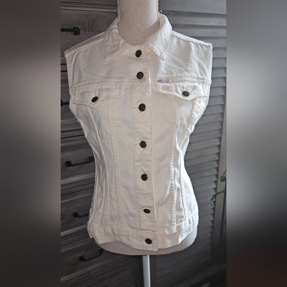 Vintage GUESS Off White Sleeveless Denim Vest - Women Good Condition